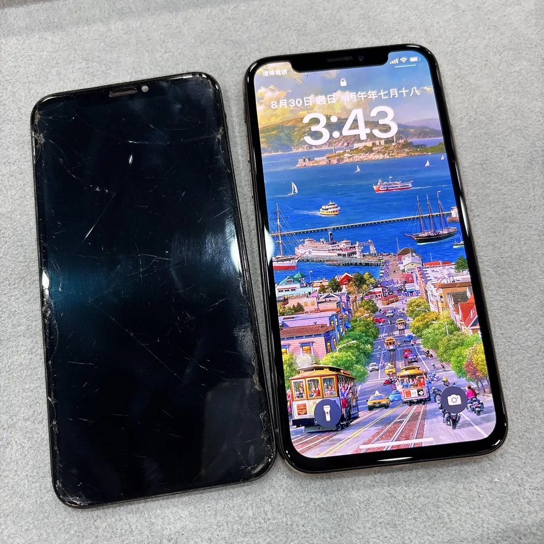 台南 iPhone XS 換螢幕前後對比,舊螢幕滿是刮痕